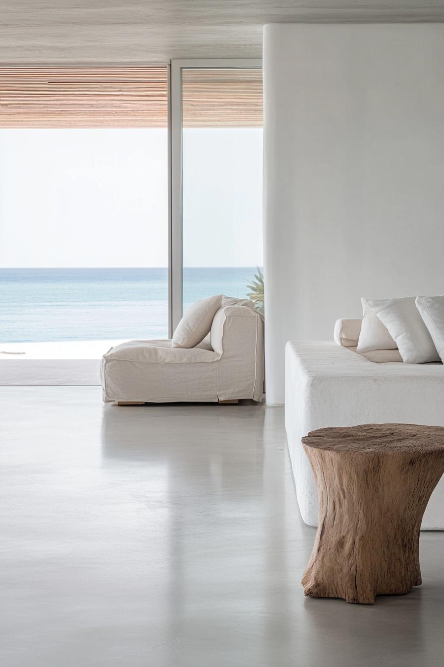 Minimalist living room with ocean view, white furniture, and wooden accent table.