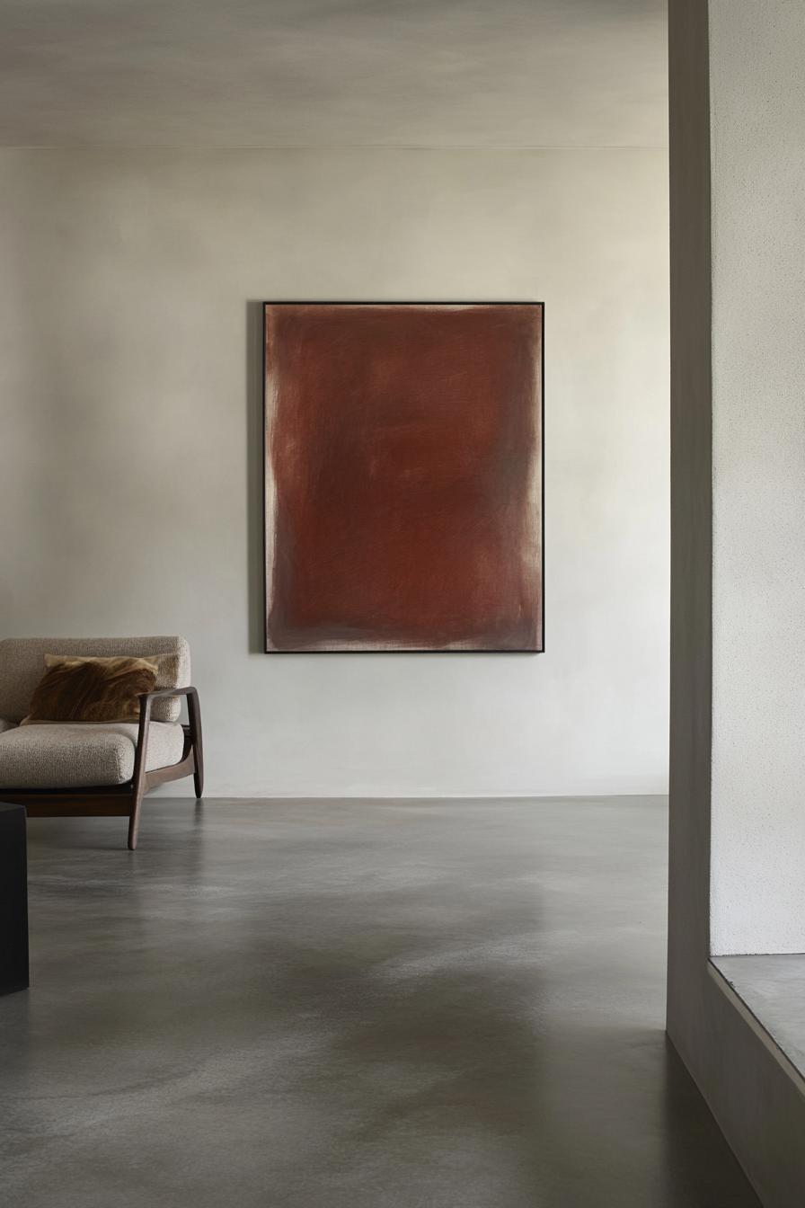 Minimalist room with abstract art, modern chair, and neutral tones.