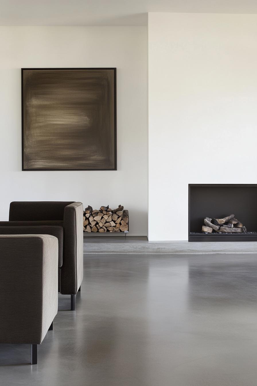 Modern minimalist living room with abstract art and sleek fireplace design.
