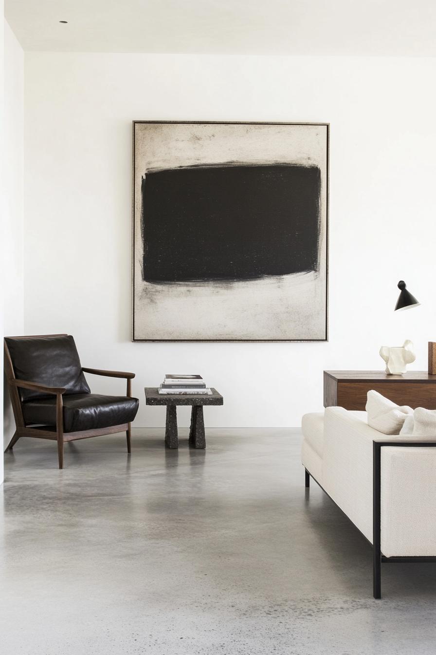 Minimalist living room with abstract painting, leather chair, modern furniture, and concrete floor.