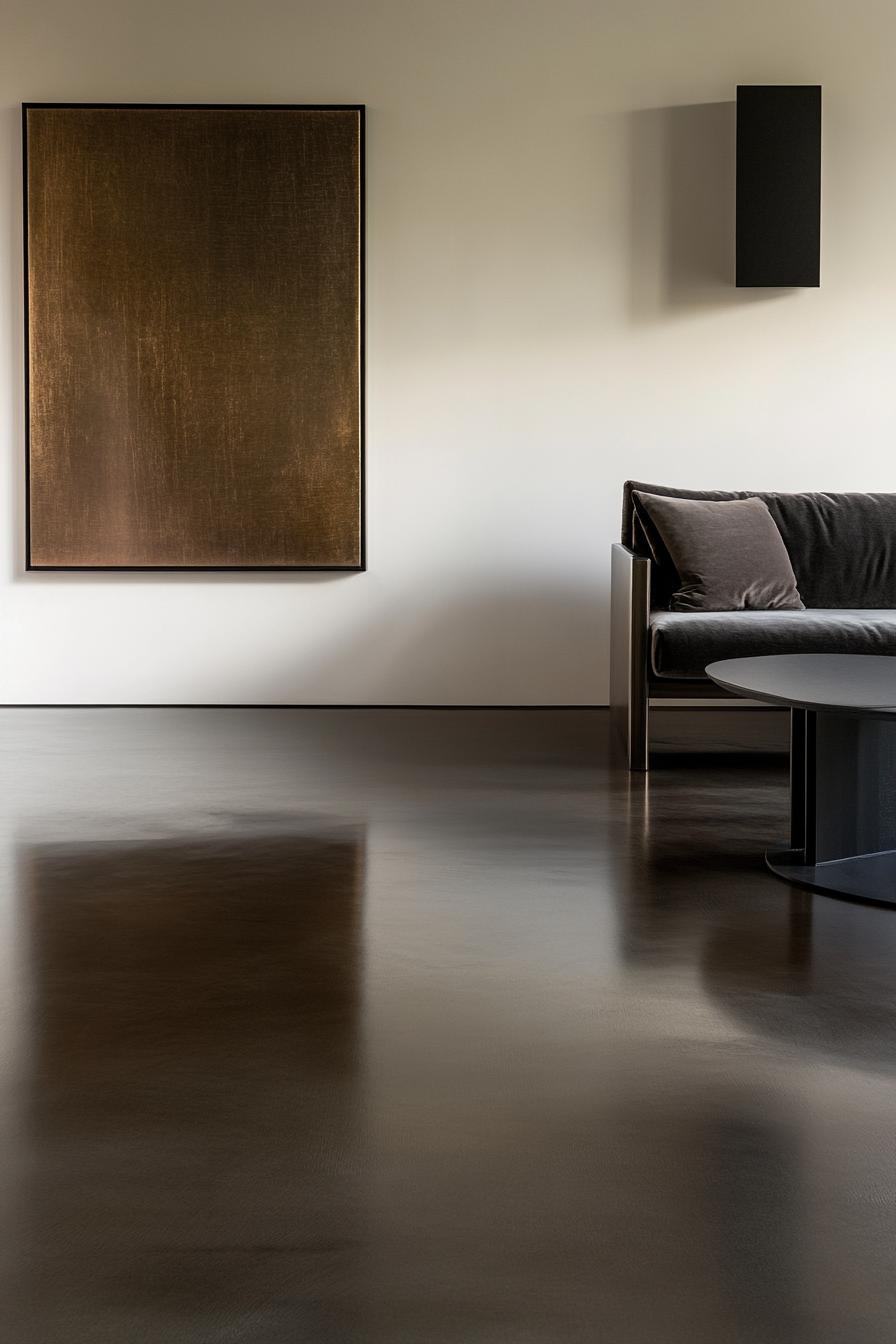 Minimalist living room with black and brown decor, modern art, and sleek furniture.