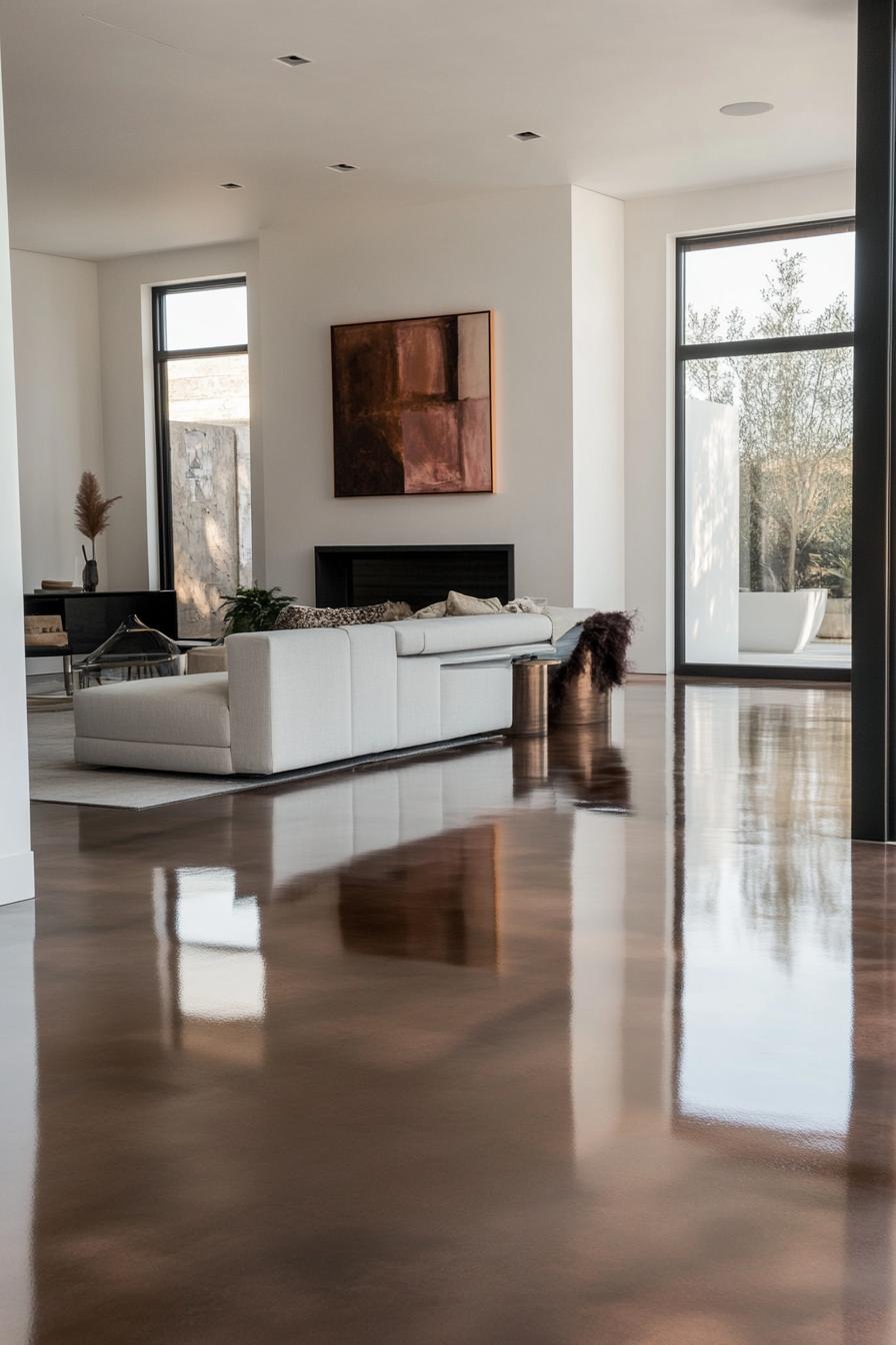 Modern living room with glossy floors, neutral decor, and large windows for natural light.