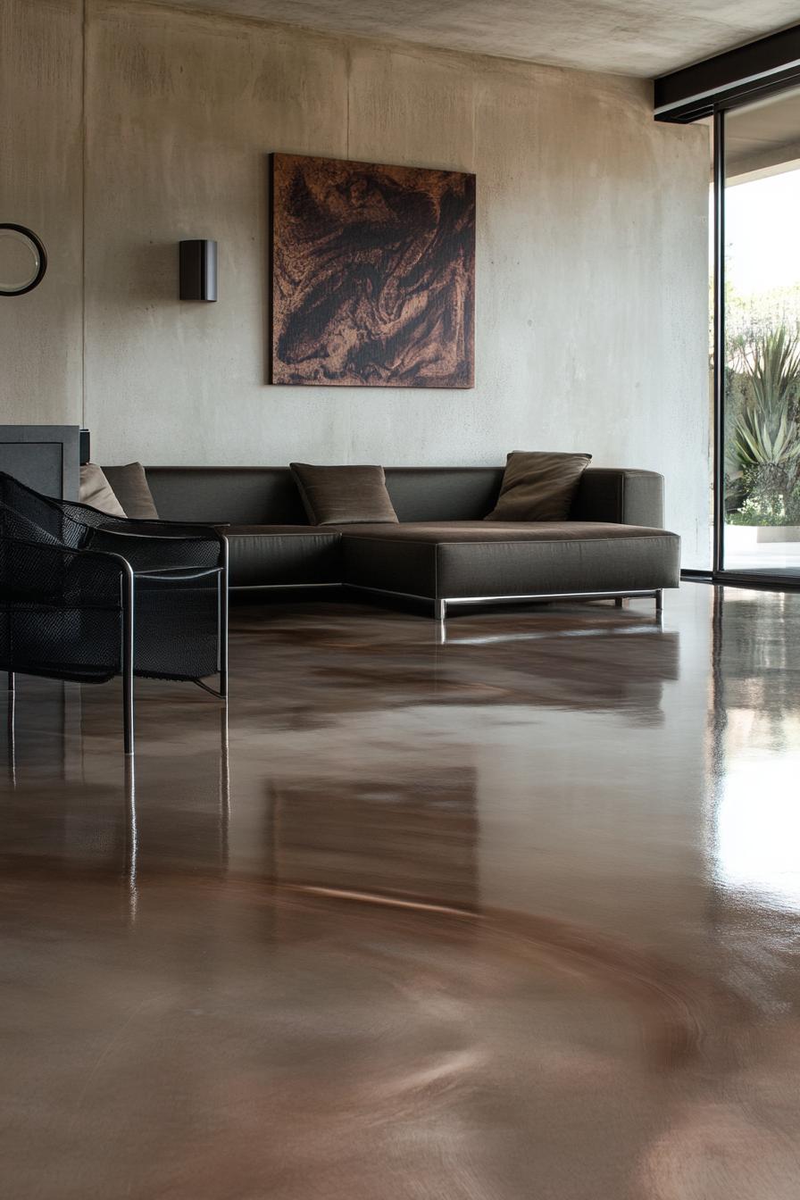 Modern living room with sleek sofa, abstract art, and polished concrete floor.