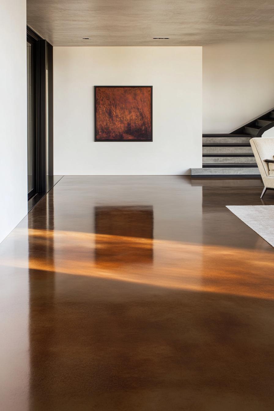 Modern living room with polished concrete floor and abstract wall art.