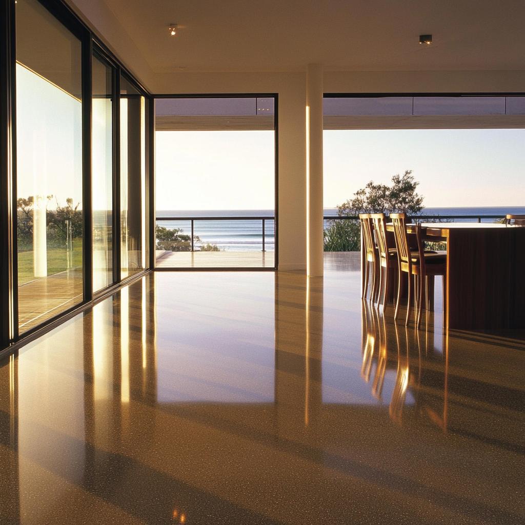 Modern dining area with ocean view, sleek glass doors, and elegant wooden furniture.