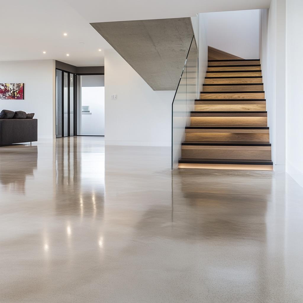 Modern open-plan interior with polished concrete floors and wooden staircase with lighting.