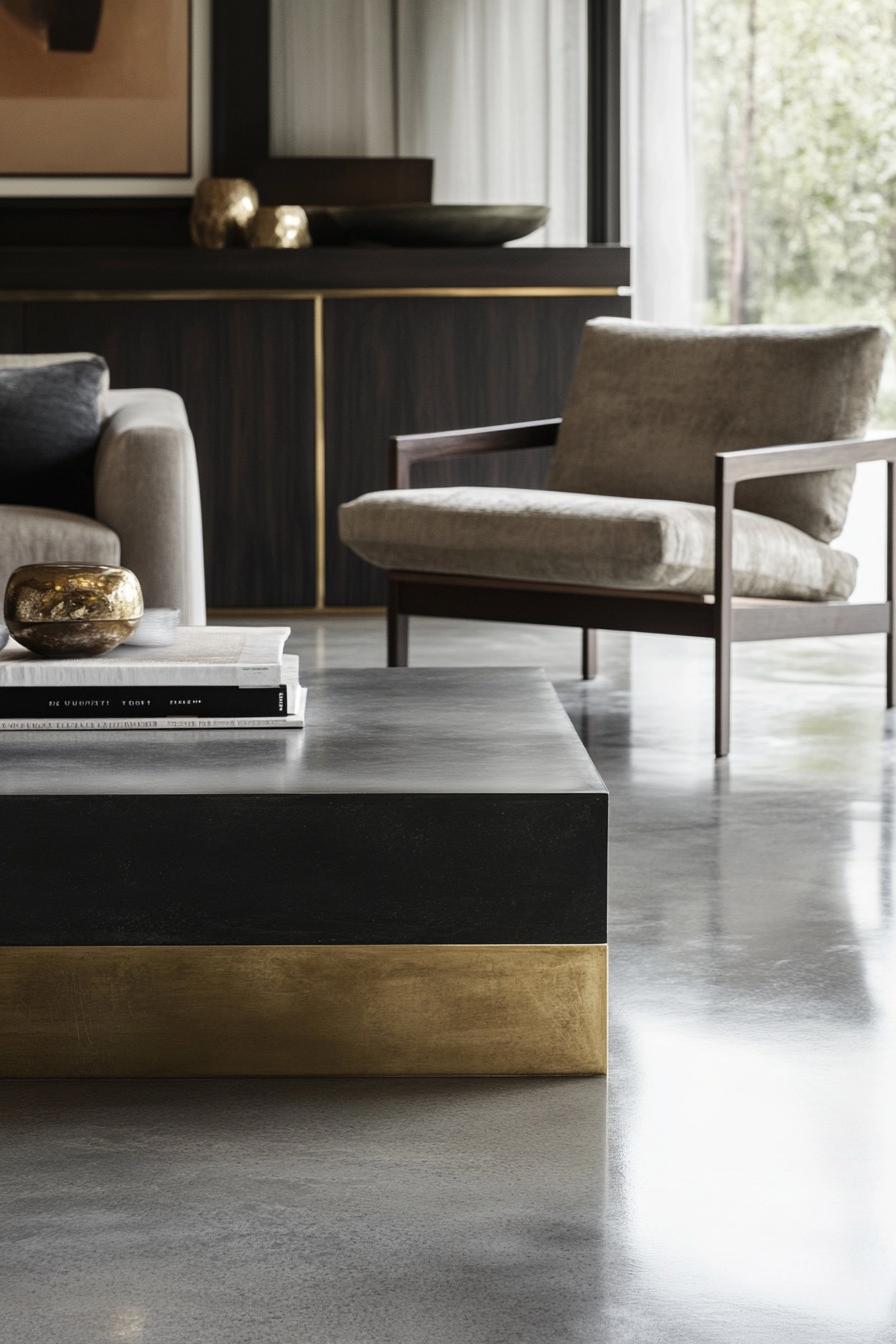 Modern living room with minimalist decor, sleek furniture, and polished concrete floor.