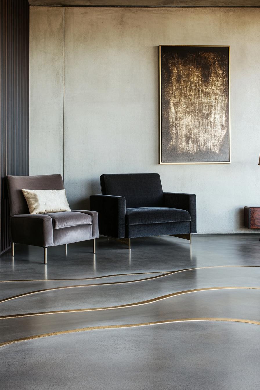 Modern minimalist living room with velvet chairs and abstract wall art decor.