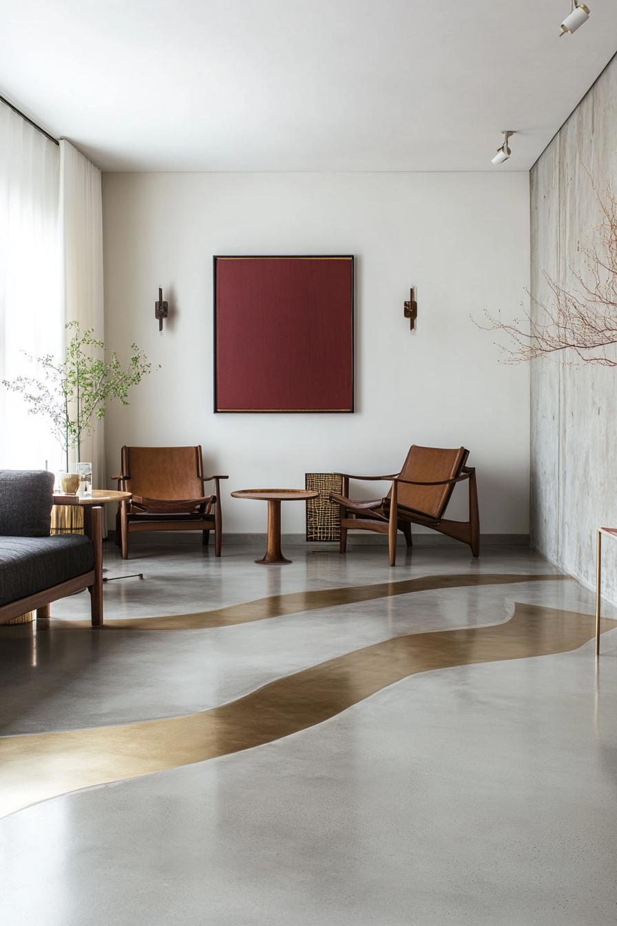 Modern minimalist living room with abstract art, brown chairs, and polished floor design.