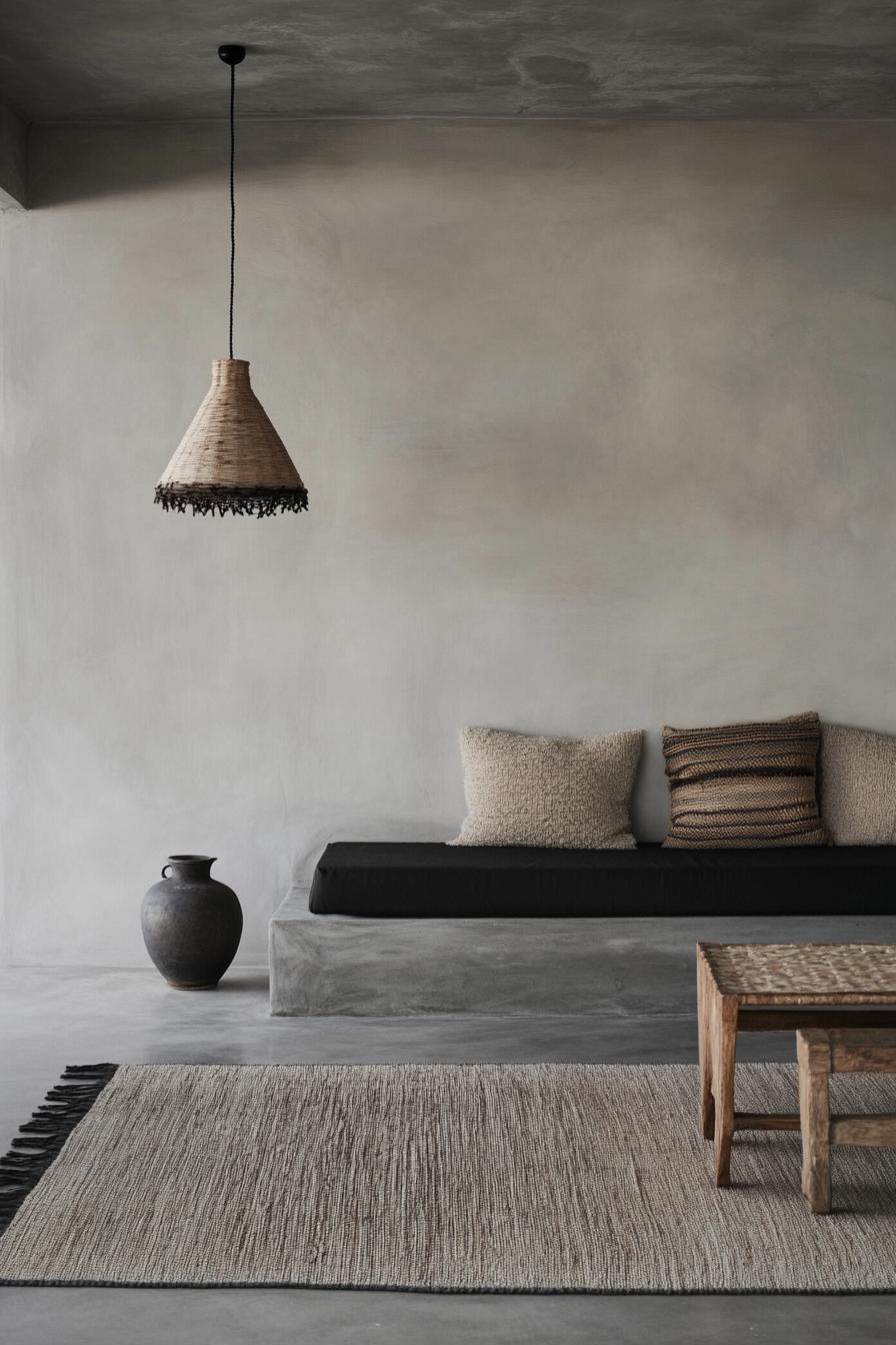 Minimalist living room with woven lamp, concrete bench, textured cushions, and natural rug.