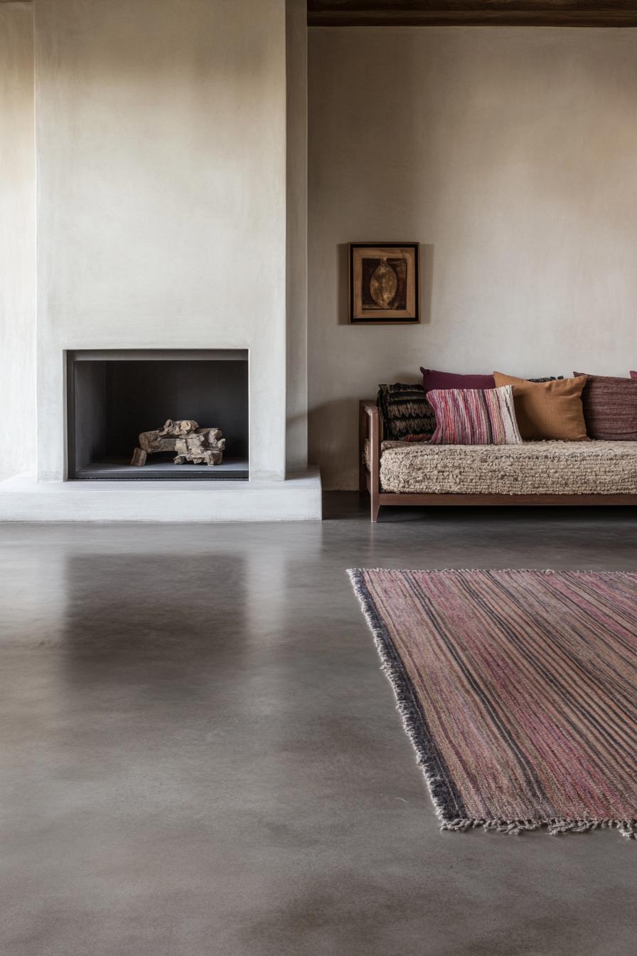 Minimalist living room with fireplace, textured rug, and cozy cushions on a modern sofa.