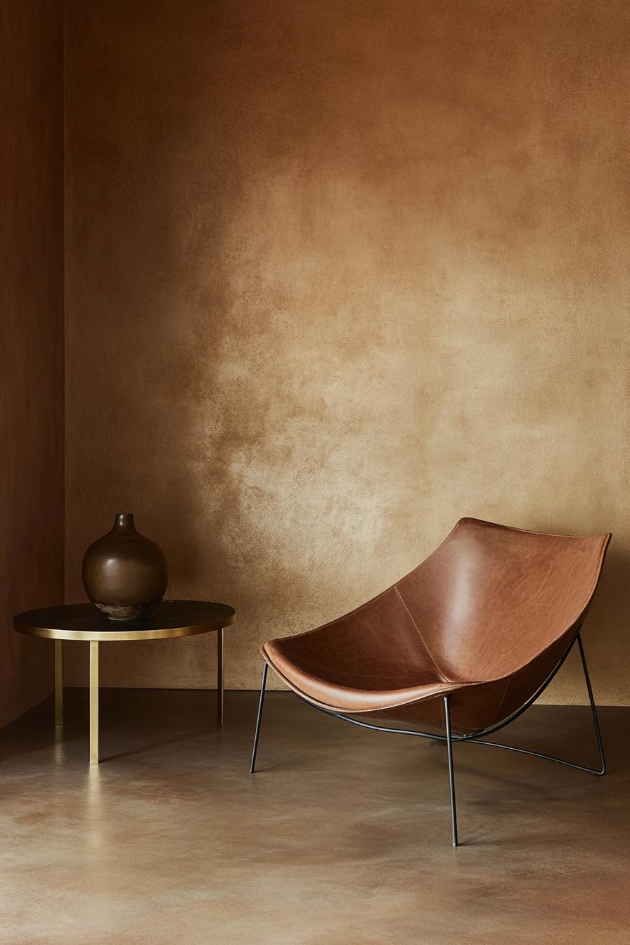 Modern brown leather chair beside round table in minimalistic living room.