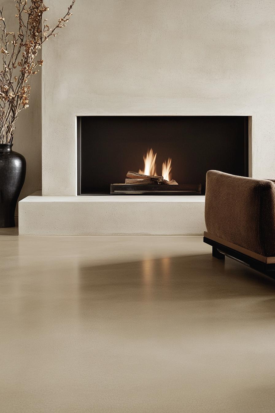 Modern minimalist living room with elegant fireplace and comfortable seating area.