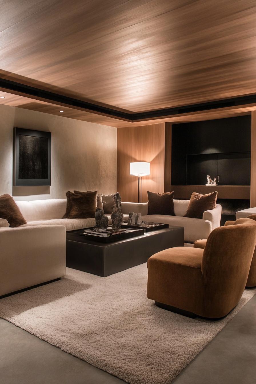 Modern cozy living room with stylish decor, warm lighting, and elegant furnishings.