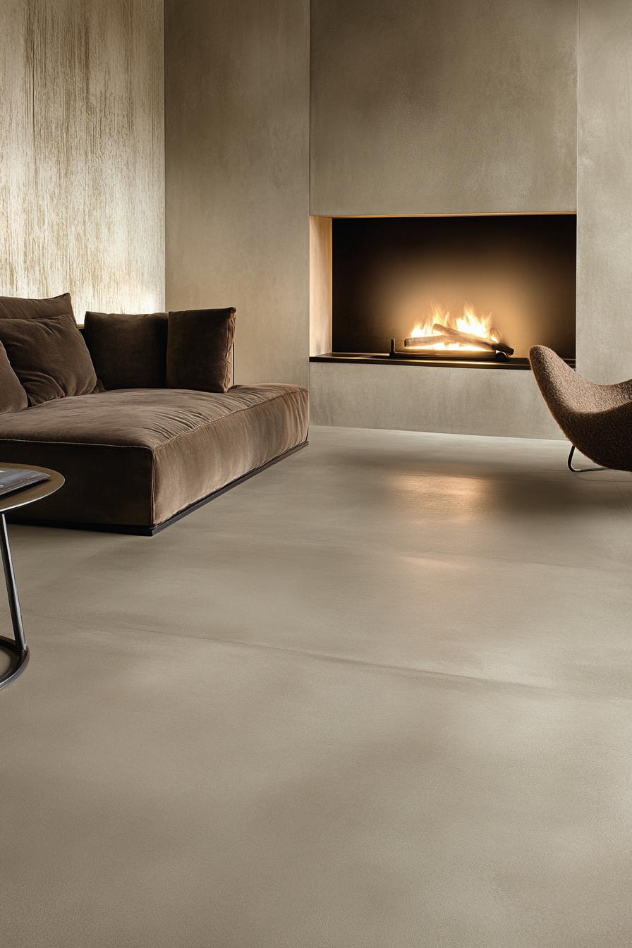 Modern minimalist living room with fireplace, brown sofa, and gray concrete floor.