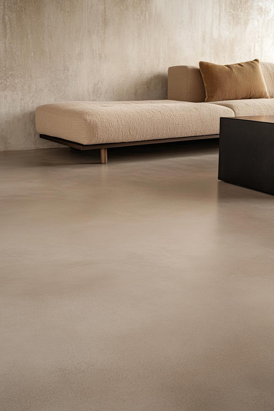 Modern minimalist living room with neutral sofa, textured wall, and elegant flooring.