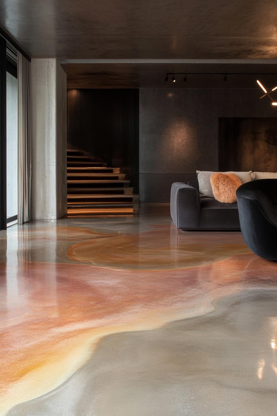 Modern interior with polished concrete floor and stylish furnishings, elegant lighting, upscale decor.