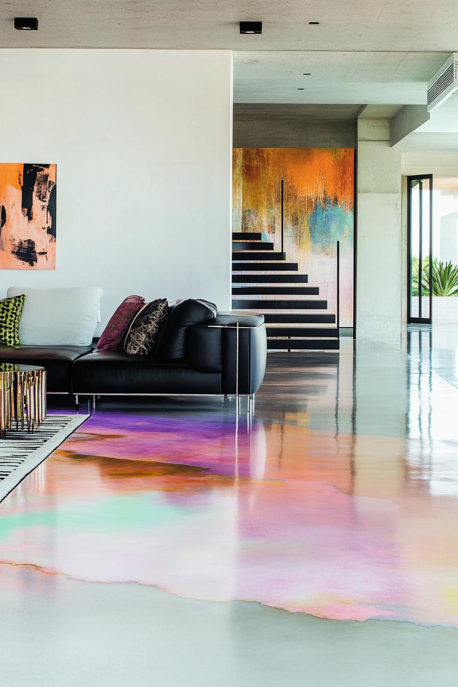 Modern living room with colorful epoxy floor, black sofa, abstract art, staircase.