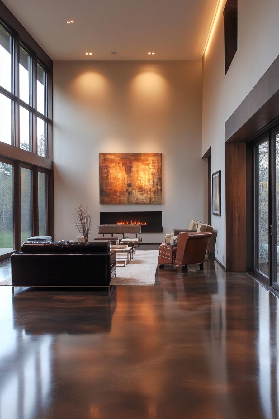 Modern living room with large windows, fireplace, and abstract wall art.
