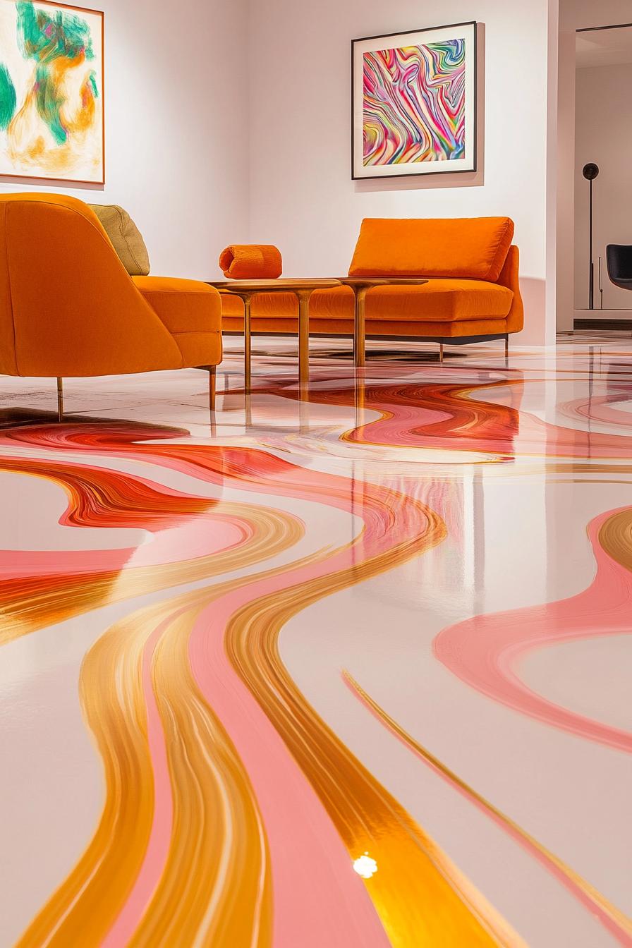 Modern living room with vibrant abstract floor and orange furniture, colorful art.