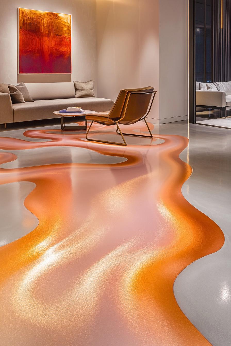 Modern living room with abstract floor design and contemporary furniture arrangement.