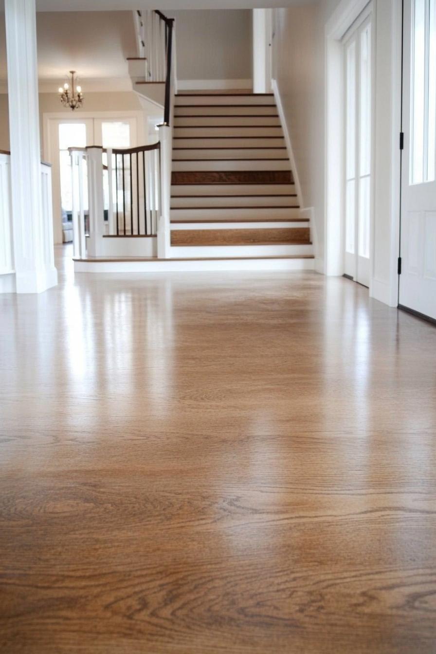 Modern hallway with polished wood flooring and a stylish staircase.