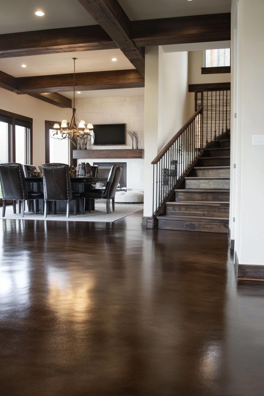 Modern home interior with polished concrete floors, dining area, and wooden staircase.