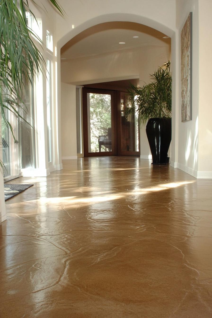 Elegant hallway with polished floors, green plants, and natural light.