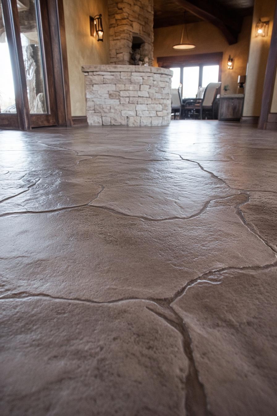 Close-up of textured concrete floor with stone wall and dining area background.