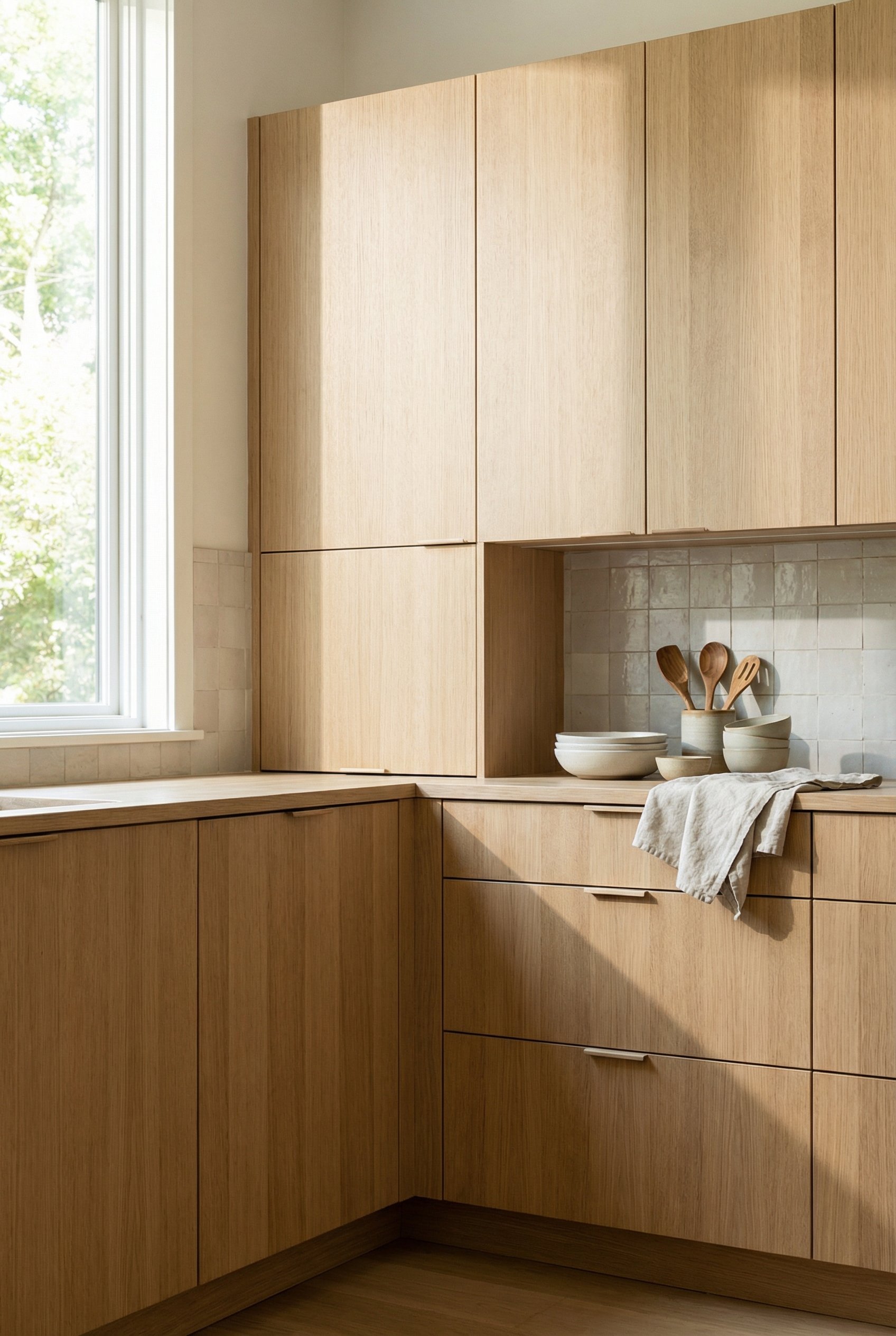 Photorealistic interior photo. Close up of flat-panel rift-sawn oak kitchen cabinets, vertical wood grain, smooth matte finish, bright daylight, angled perspective. Editorial photography style, no peo