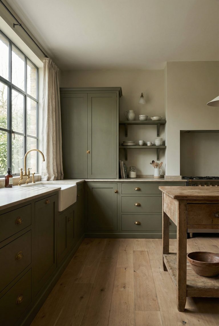 Photorealistic interior photo. Earthy kitchen, Farrow & Ball Treron muddy green cabinetry, matte finish. White oak flooring, soft natural daylight streaming through a window. Editorial photography sty