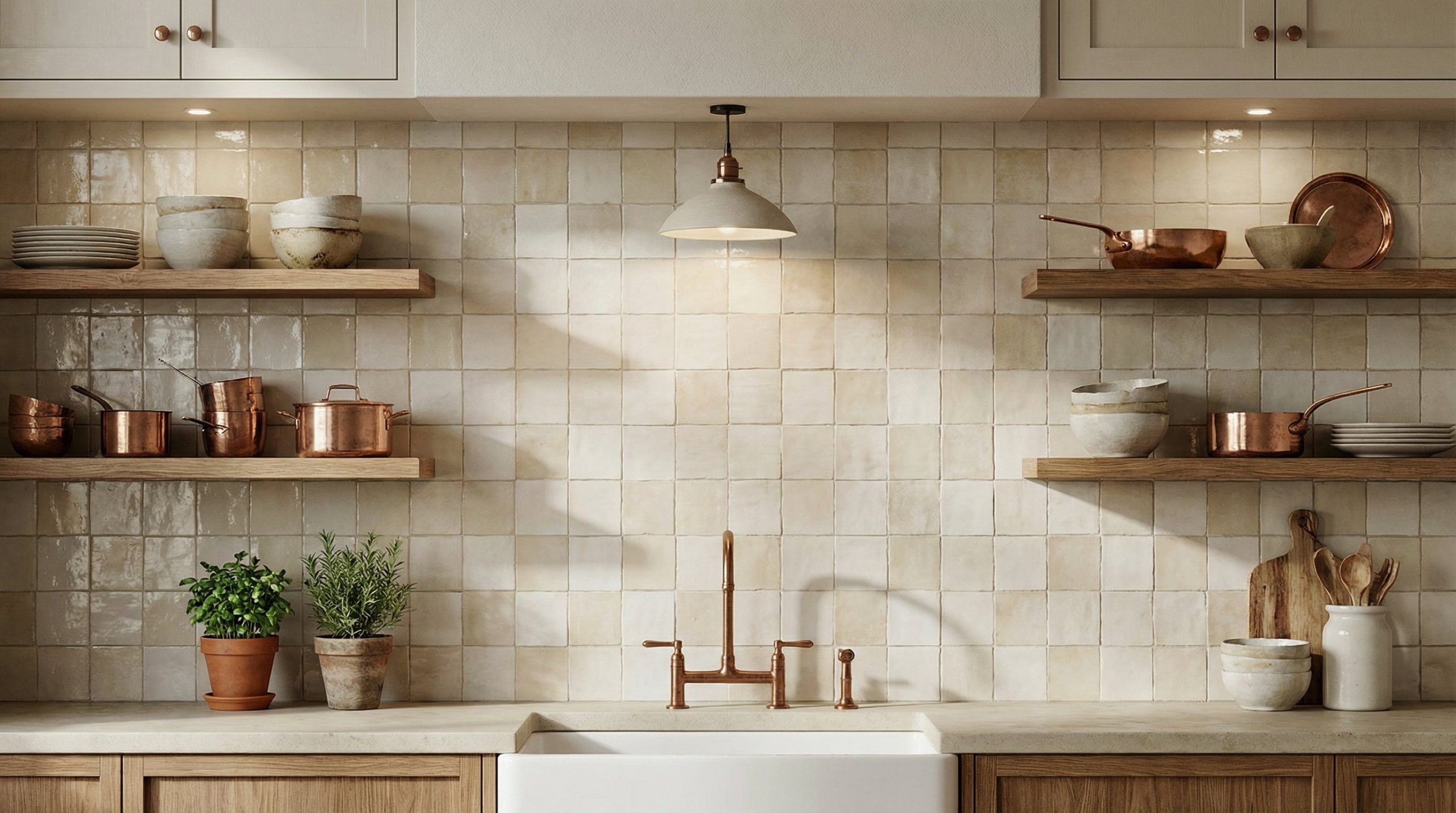 Photorealistic interior photo. Kitchen backsplash made of matte square zellige tiles, subtle variations in cream and beige glazes, warm lighting casting soft shadows. Editorial photography style, no p