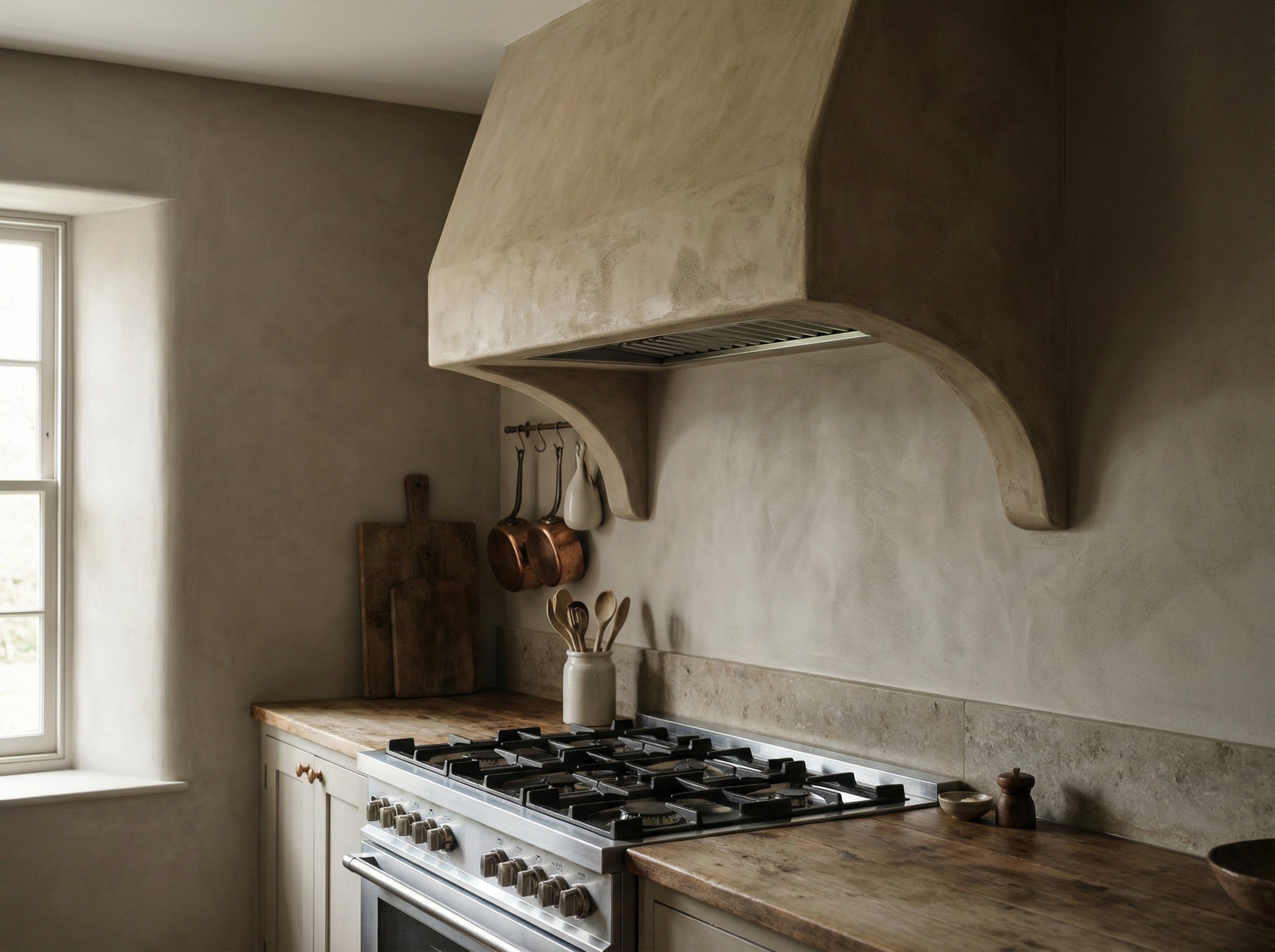Photorealistic interior photo. Kitchen range area featuring a Roman clay plastered hood, matte greige walls, subtle suede texture, soft diffuse lighting, low angle. Editorial photography style, no peo