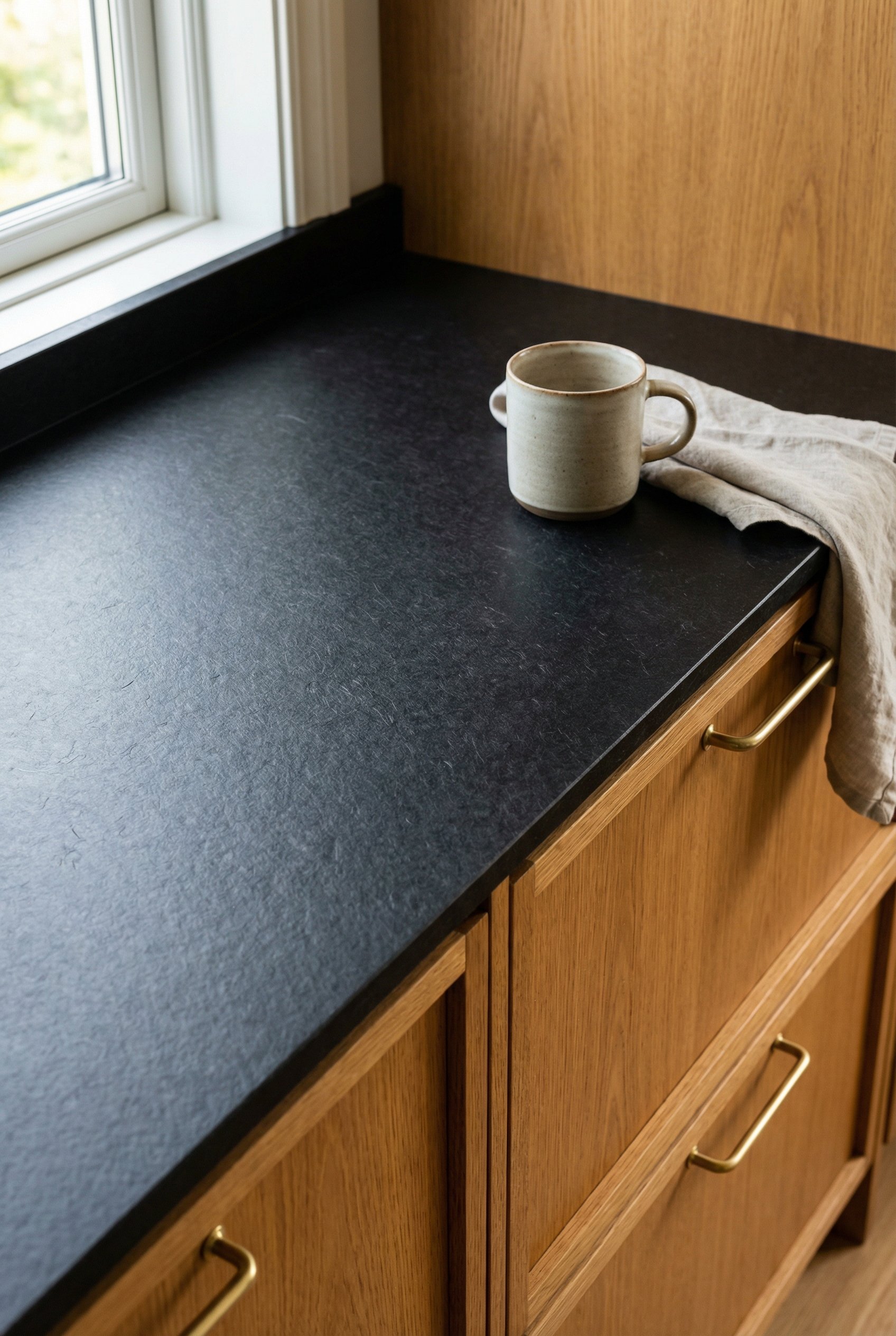 Photorealistic interior photo. Matte black recycled paper kitchen countertop with a subtle textured finish, set against warm oak cabinets, daylight, close perspective. Editorial photography style, no 
