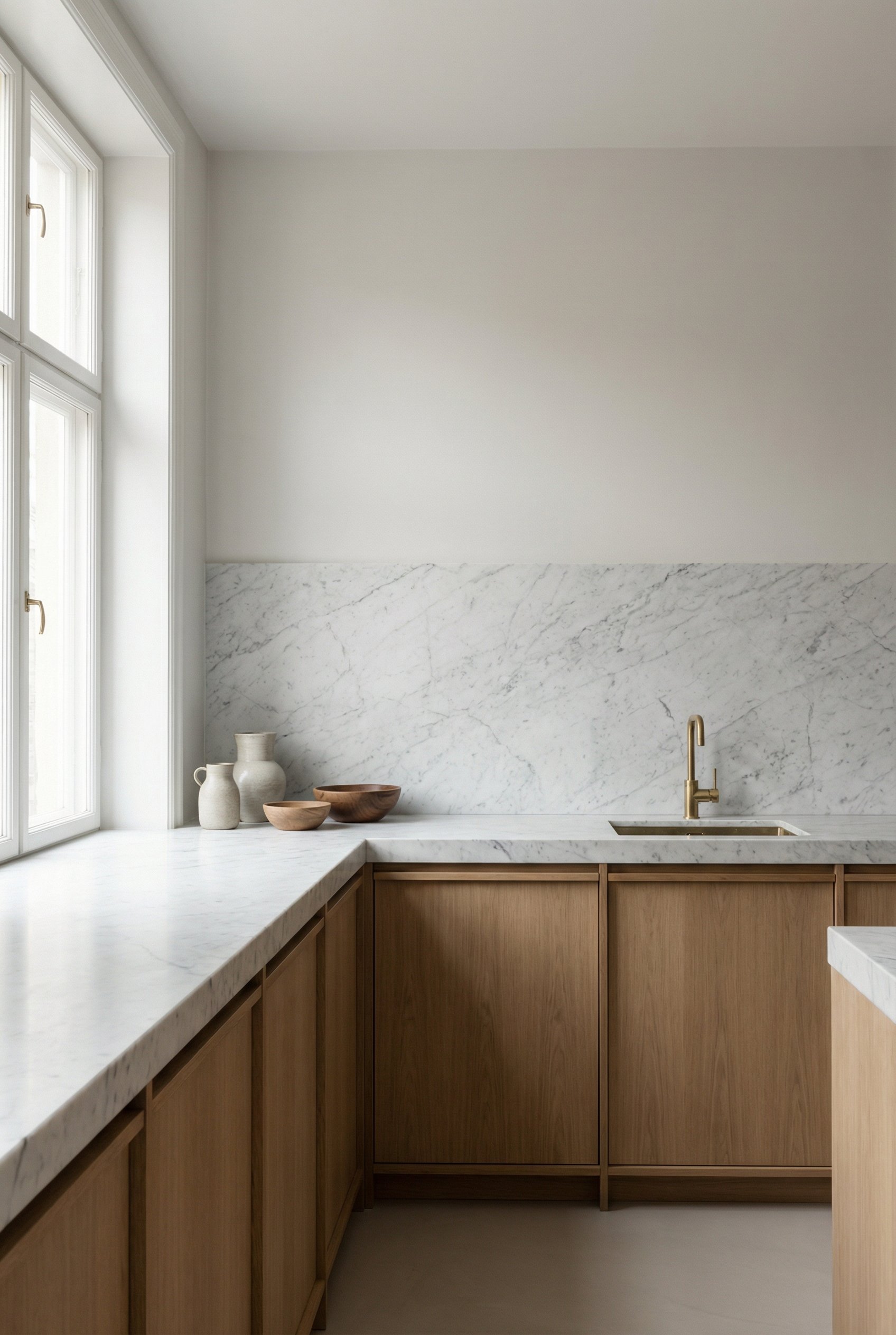 Photorealistic interior photo. Minimalist kitchen featuring a honed marble countertop running seamlessly up the wall as a backsplash, soft natural lighting, medium shot. Editorial photography style, n