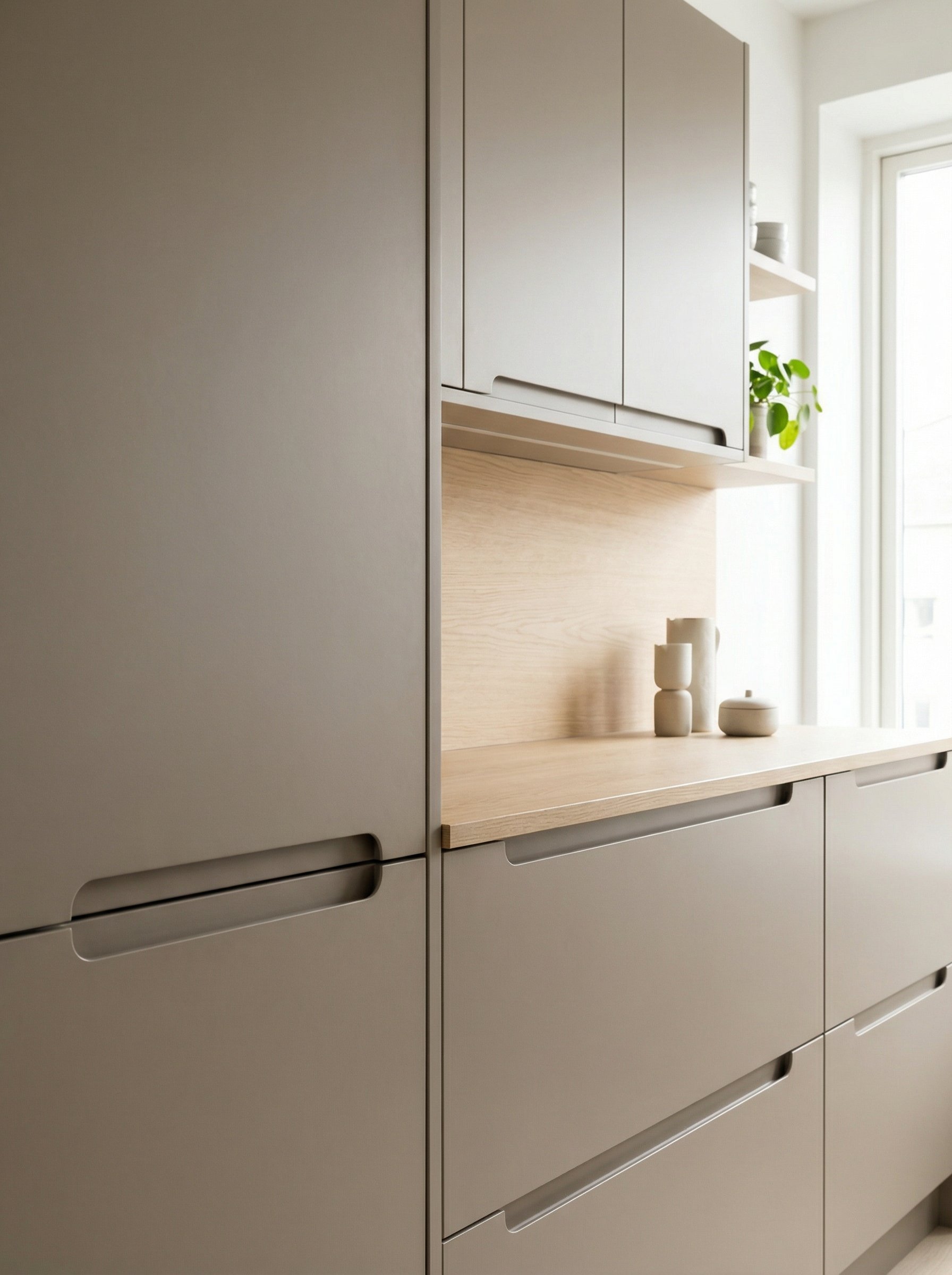Photorealistic interior photo. Sleek handleless kitchen cabinetry with integrated routed finger pulls, matte taupe finish, minimalist lines, bright lighting, detail shot. Editorial photography style, 