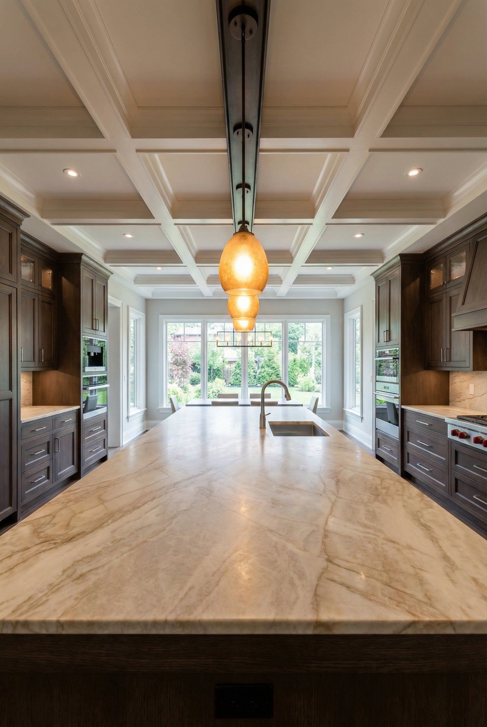 Photorealistic interior photo. Taj Mahal quartzite kitchen island countertop, creamy caramel veining, honed finish, warm pendant lighting overhead, wide angle. Editorial photography style, no people v