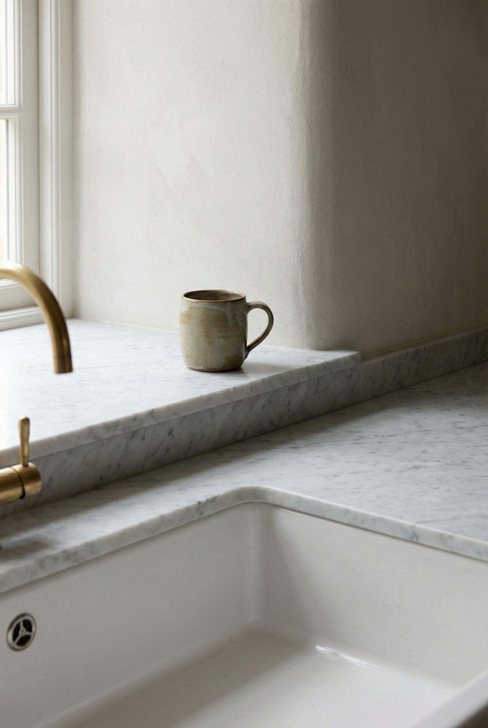 Photorealistic interior photo. Very shallow marble ledge above a kitchen sink, displaying a single handmade ceramic mug, minimalist aesthetic, natural lighting. Editorial photography style, no people 