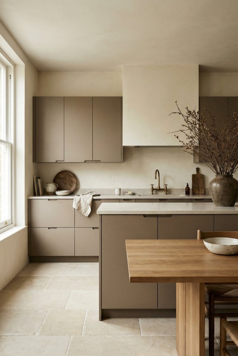 Photorealistic interior photo. Warm minimalist kitchen, matte mushroom-colored flat-panel cabinetry, soft natural light, front-facing camera angle. Editorial photography style, no people visible.
