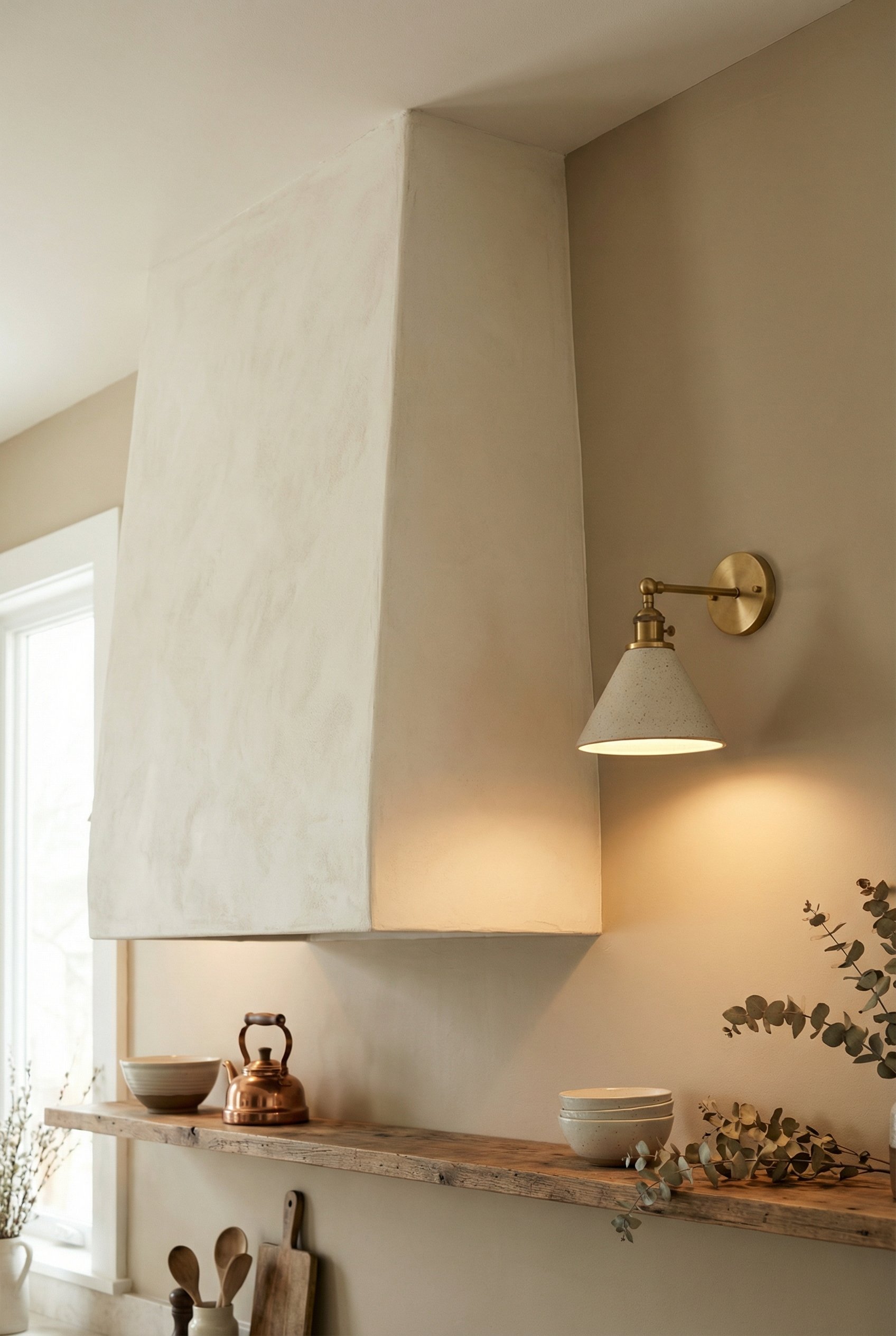 Photorealistic interior photo. Warm minimalist kitchen wall, unlacquered brass wall sconce with a ceramic shade mounted beside a plaster range hood, warm 2700K light glowing. Editorial photography sty