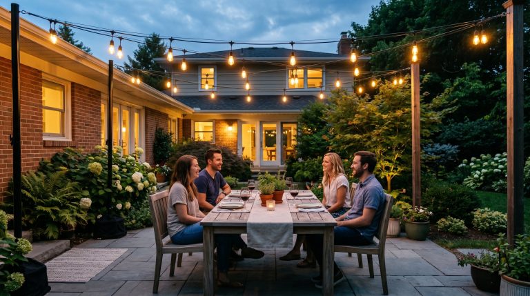 Dusk backyard scene with a teak dining table under a perfectly taut canopy of vintage Edison string lights suspended by black metal tension poles, glowing warm ambient light, lush manicured landscapin