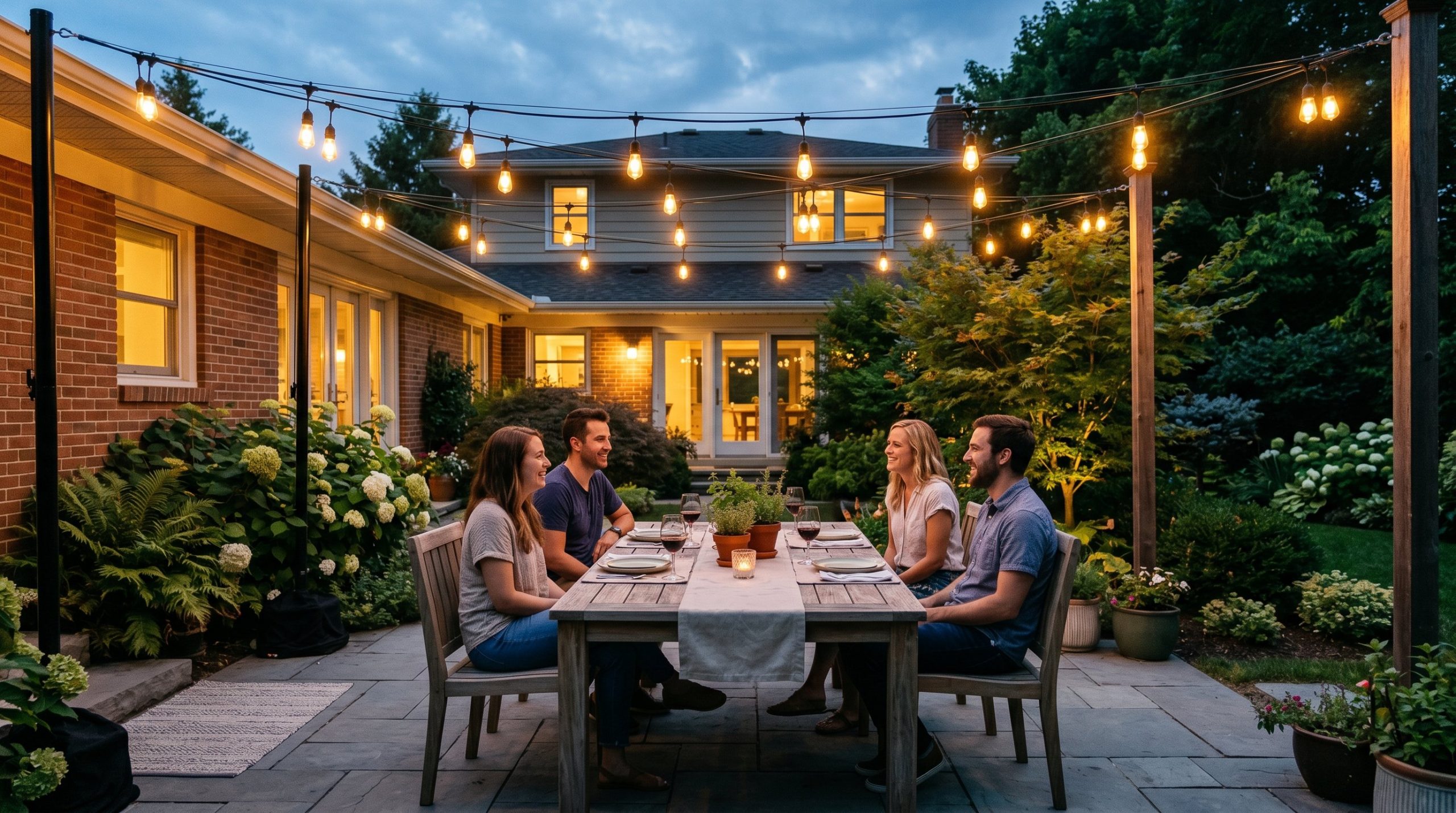 Dusk backyard scene with a teak dining table under a perfectly taut canopy of vintage Edison string lights suspended by black metal tension poles, glowing warm ambient light, lush manicured landscapin