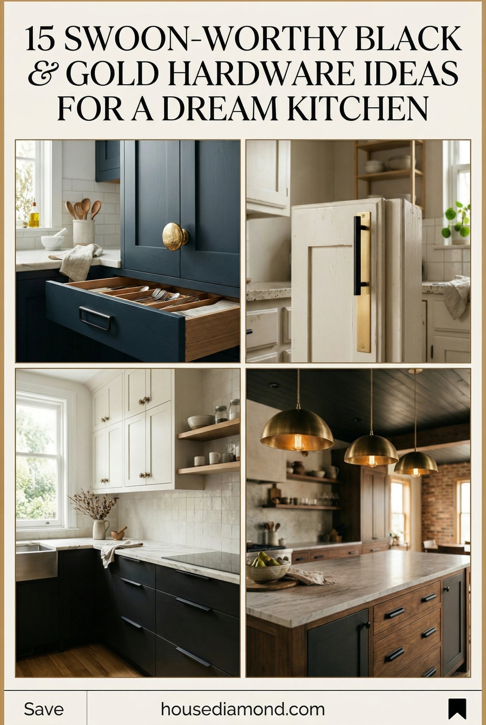 Grid collage for black and gold kitchen hardware