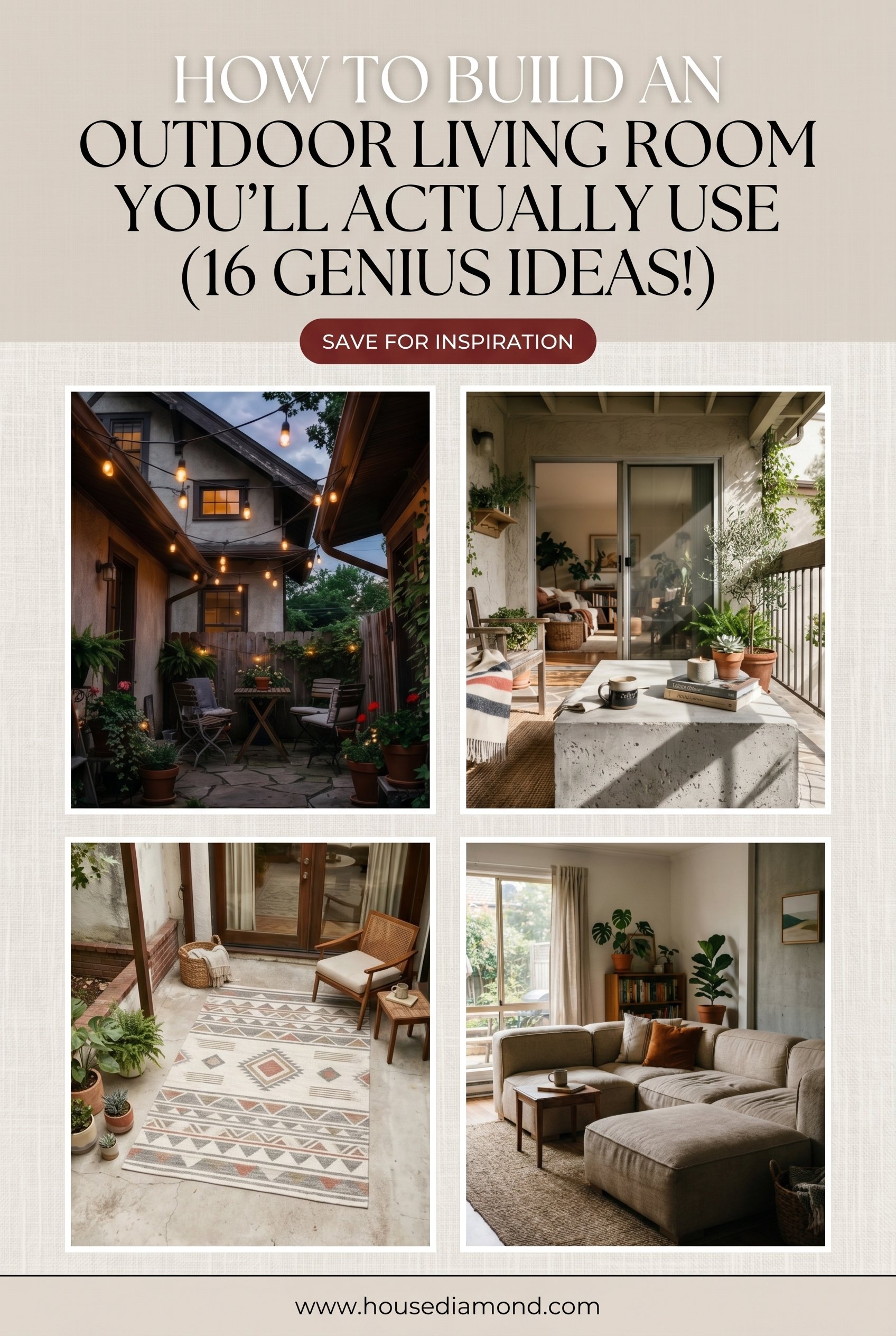 Grid collage for outdoor living room home decor inspiration