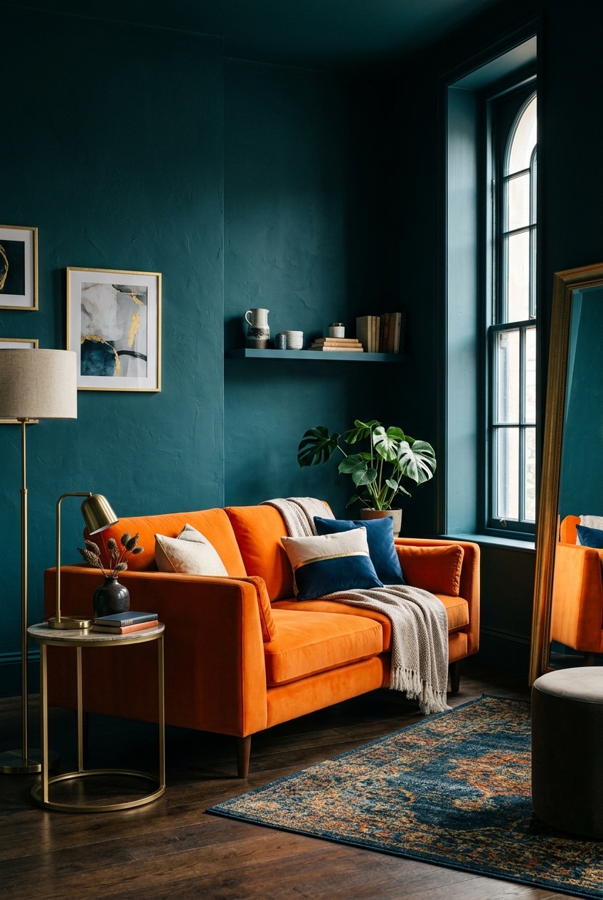 orange couch living room idea 2