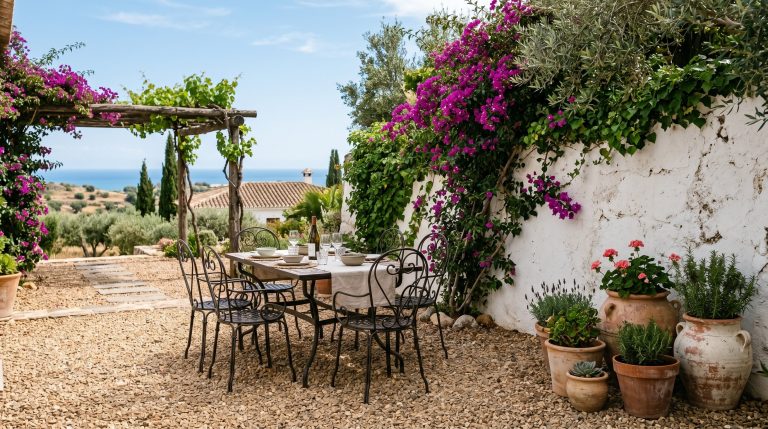 Photorealistic editorial outdoor photography. A stunning, realistic Mediterranean patio featuring warm pea gravel, a rustic dark wrought iron dining set, and a stark white stucco retaining wall draped