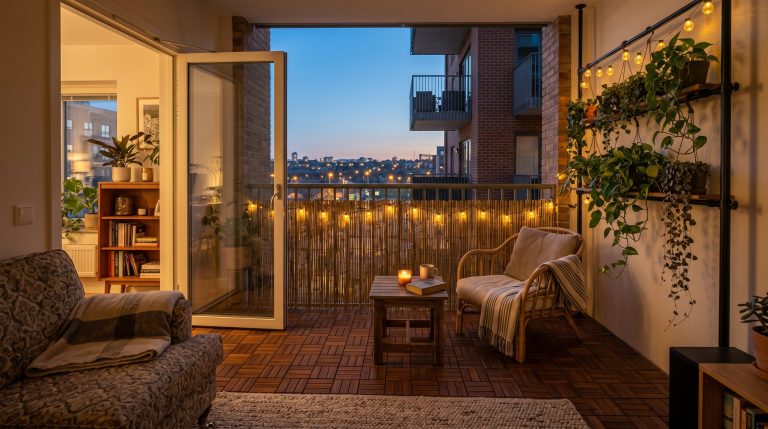 Photorealistic exterior-interior hybrid photo. A cozy, well-designed apartment balcony viewed from the living room looking out. Acacia wood deck tiles, a bamboo privacy screen zip-tied to the railing,