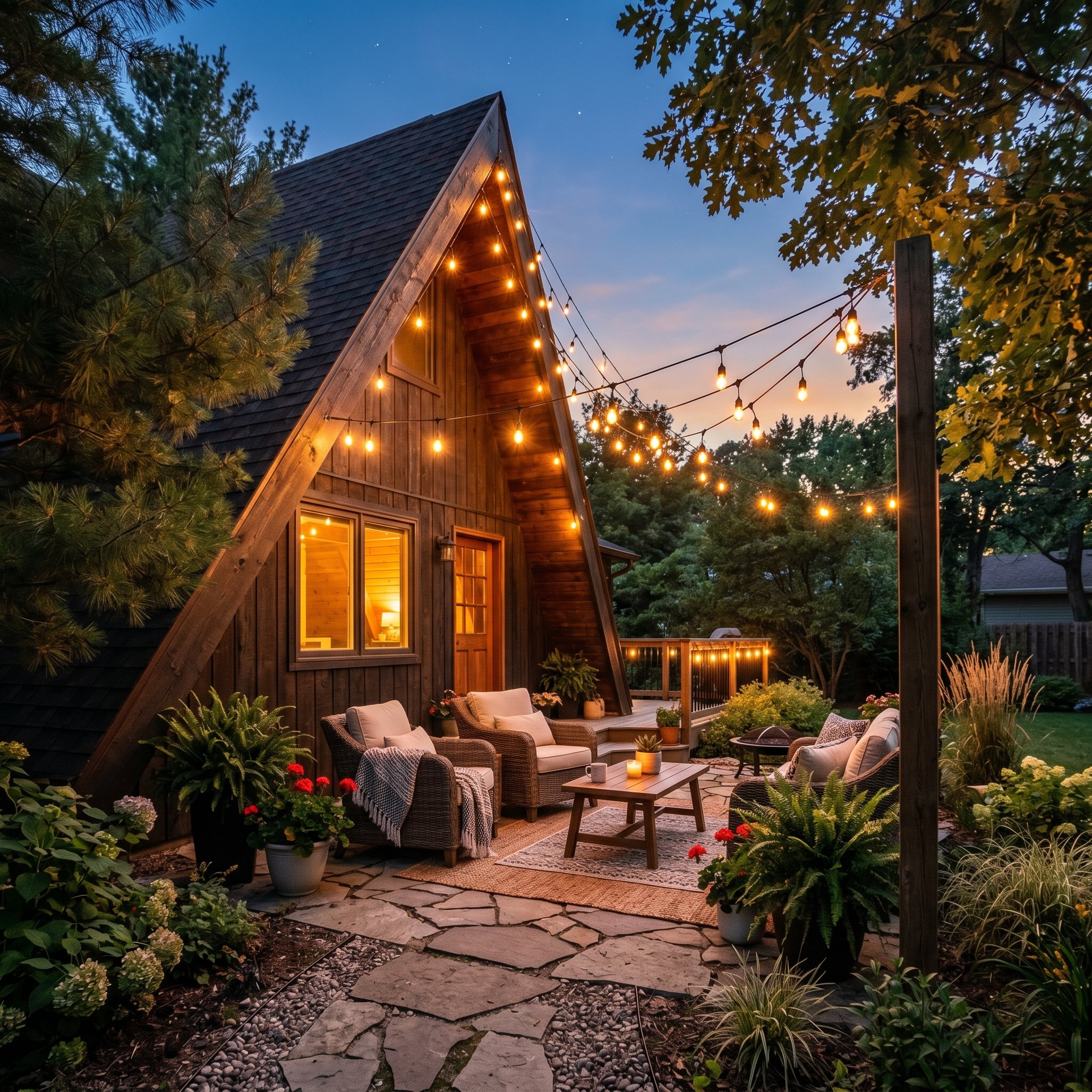 Photorealistic exterior photo. A-frame roofline with heavy duty string lights anchored to the wooden fascia board spreading out in a fan shape over a patio, twilight sky. Editorial photography style, 
