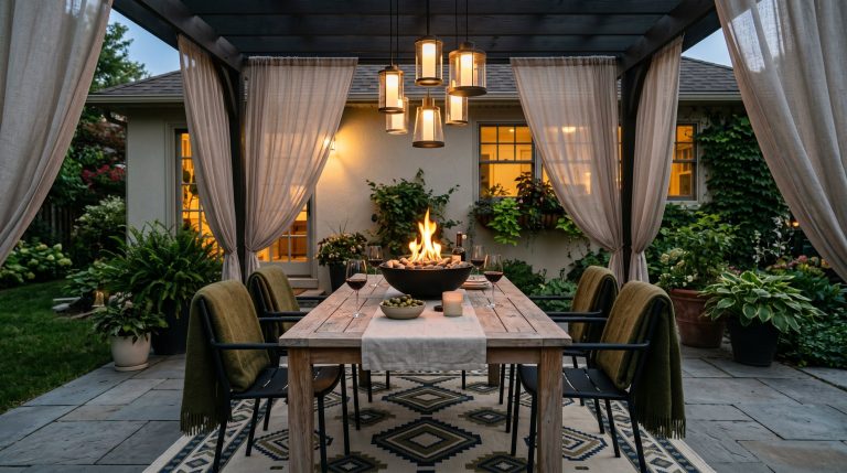 Photorealistic exterior photo. A stunning, moody outdoor dining area at dusk. A raw teak dining table sits on a geometric patterned outdoor rug, surrounded by matte black metal chairs draped in heavy