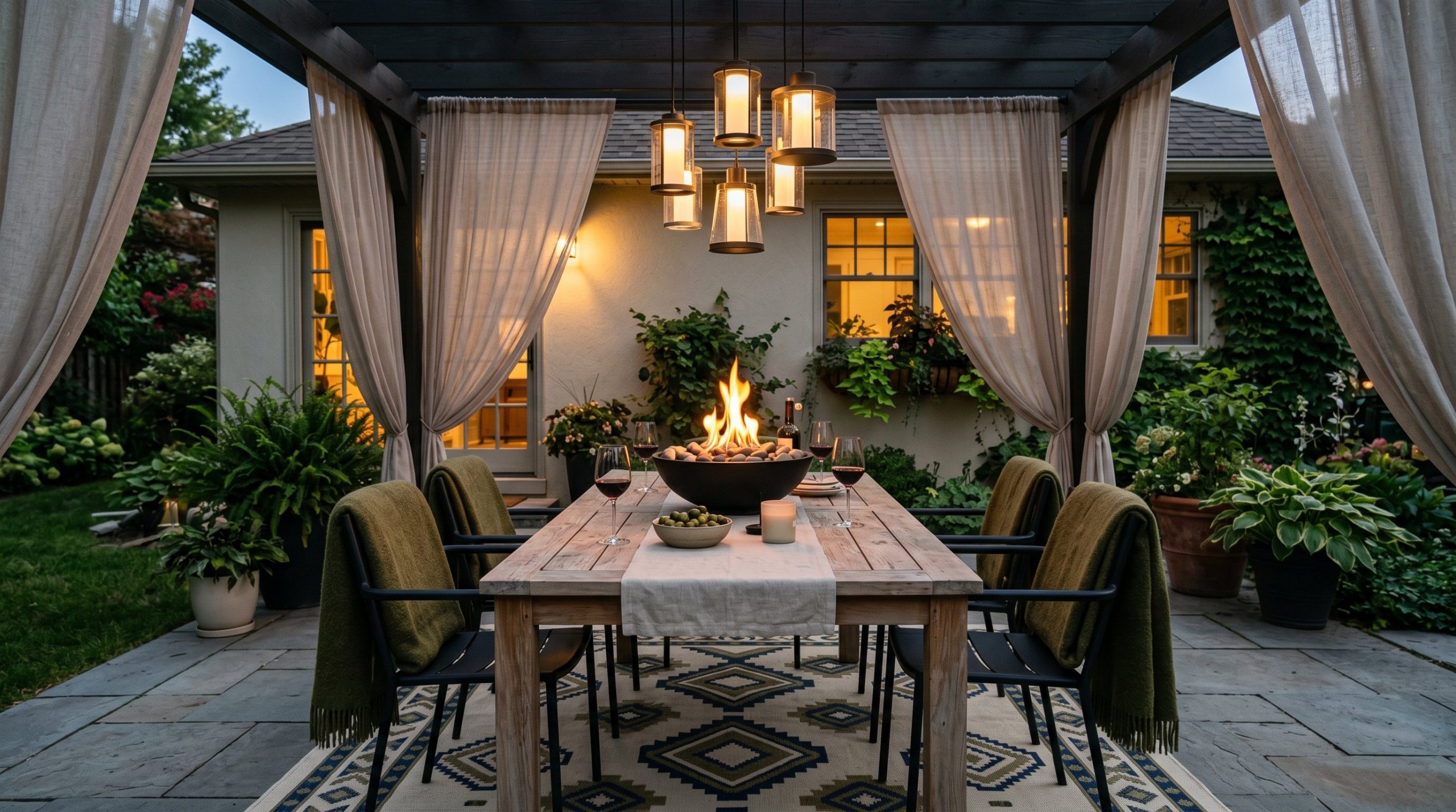 Photorealistic exterior photo. A stunning, moody outdoor dining area at dusk. A raw teak dining table sits on a geometric patterned outdoor rug, surrounded by matte black metal chairs draped in heavy